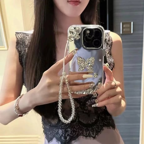 スマホケース ミラー iphone ケース デコ キラキラ「ビーズストラップ付き」 M222