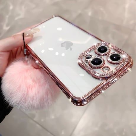 【もこもこチャーム付き】iphone16/16pro ケース 透明 かわいい iphone ケース キラキラ カメラ保護 M026