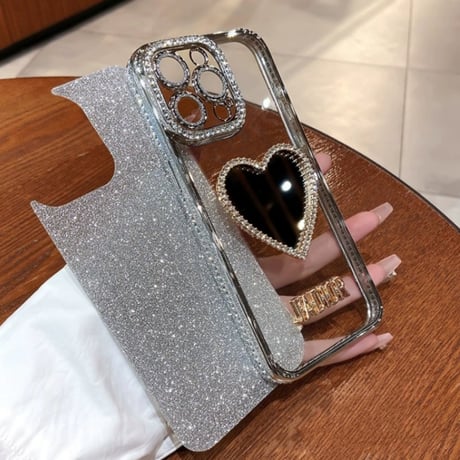 ハートアイフォンケース ミラー iphoneケース クリア かわいい【キラキラシート付き】M052