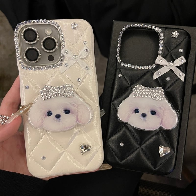 iphone16 ケース デコ リボン iphoneケース 犬 グリップ「カメラ保護