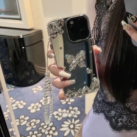 スマホケース ミラー iphone ケース デコ キラキラ「ビーズストラップ付き」 M222