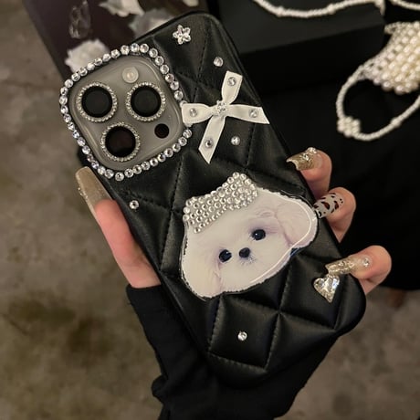 iphone16 ケース デコ リボン iphoneケース 犬 グリップ「カメラ保護リングプレゼント」M148