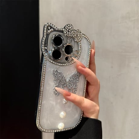 蝶々 iphone16/16pro ケース 猫 耳 アイ フォン ケース キラキラ ストーン iphone ケース M264