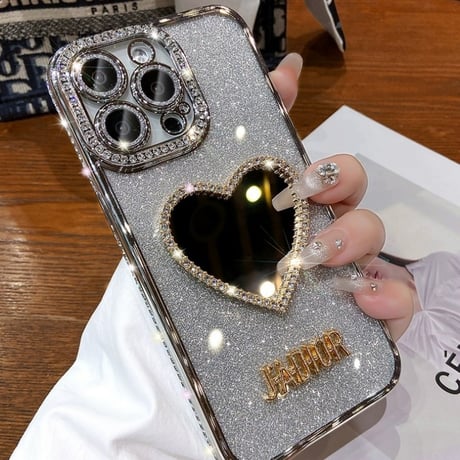 ハートアイフォンケース ミラー iphoneケース クリア かわいい【キラキラシート付き】M052