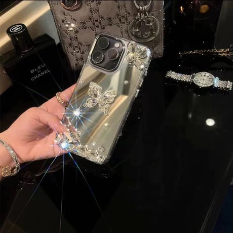 スマホケース ミラー iphone ケース デコ キラキラ「ビーズストラップ付き」 M222