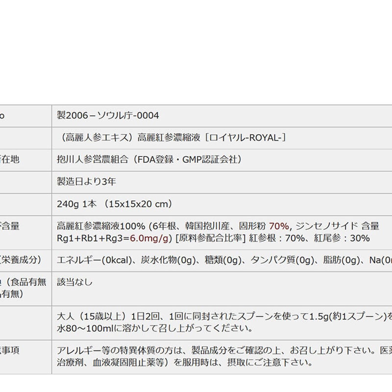 高麗紅参濃縮液・ローヤル（ROYAL）｜抱川人参営農組合
