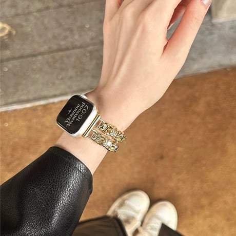 「V628」アップルウォッチバンド 2連チェーンxレザー apple watch バンド おしゃれ
