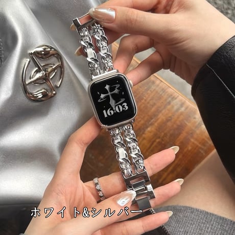 「V628」アップルウォッチバンド 2連チェーンxレザー apple watch バンド おしゃれ