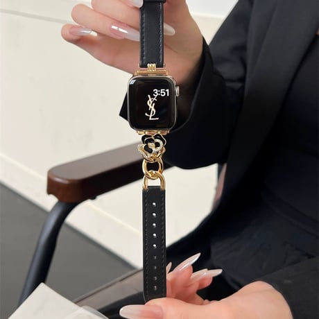「V655」apple watchバンド 可愛い カメリア アップル ウォッチ バンド 女性 レザー＆チェーン