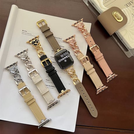 「V655」apple watchバンド 可愛い カメリア アップル ウォッチ バンド 女性 レザー＆チェーン