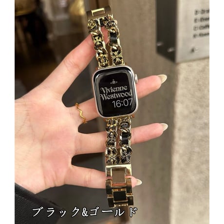 「V628」アップルウォッチバンド 2連チェーンxレザー apple watch バンド おしゃれ