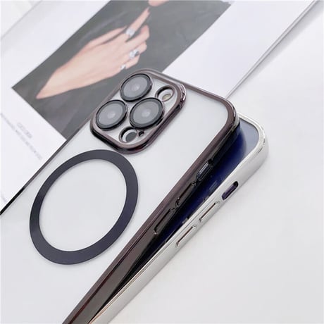「V257」MagSafe対応 iphone14pro/13 ケース メタリック 防塵 透明 スマホケース レンズ保護一体型