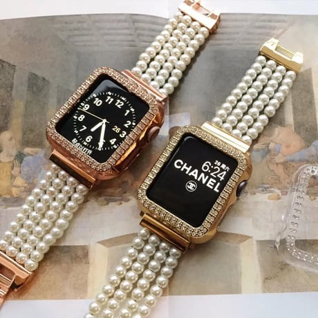 「V279」apple watchバンド パール ブレスレット アップルウォッチ7/8 ベルト 可愛い フレームケース付き
