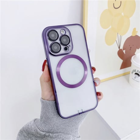 「V257」MagSafe対応 iphone14pro/13 ケース メタリック 防塵 透明 スマホケース レンズ保護一体型