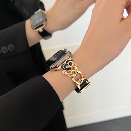 「V655」apple watchバンド 可愛い カメリア アップル ウォッチ バンド 女性 レザー＆チェーン