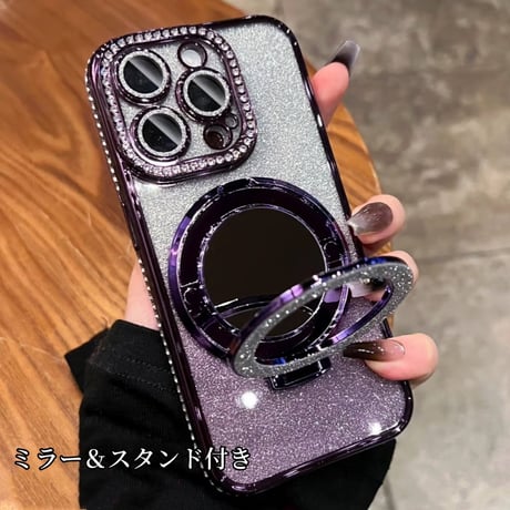 「V588」キラキラ iphone16/16pro ケース ミラー 付き iphone15/14 ケース クリア スタンド付き