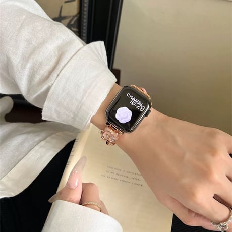 「V655」apple watchバンド 可愛い カメリア アップル ウォッチ バンド 女性 レザー＆チェーン