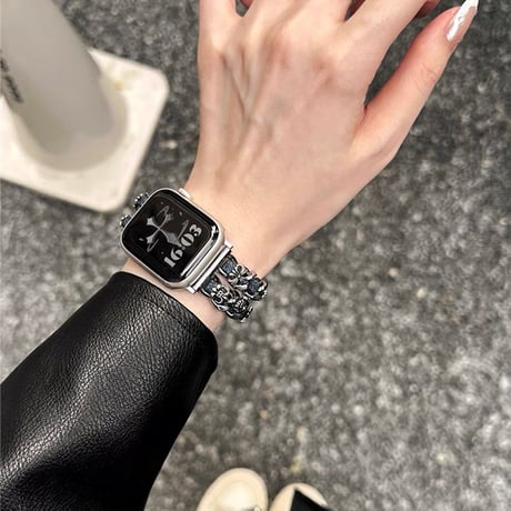 「V628」アップルウォッチバンド 2連チェーンxレザー apple watch バンド おしゃれ