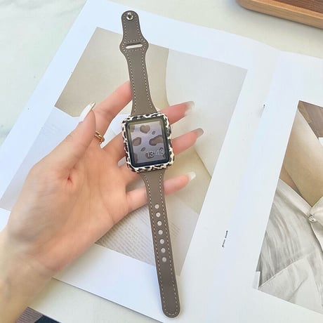 「V196」apple watch レザー バンド グレージュ ヒョウ柄ケース アップルウォッチバンド＋カバーset