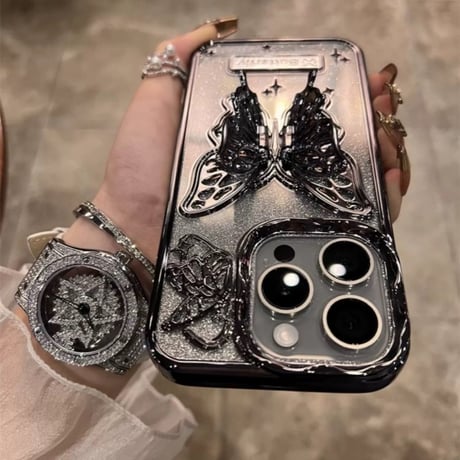 「V600」キラキラ シート付き iphone ケース 蝶々 iphone15/14 ケース 透明 可愛い