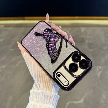 「V596」iphone17/17pro ケース 蝶々 クリア iphone16/15 ケース 可愛 キラキラシート付き