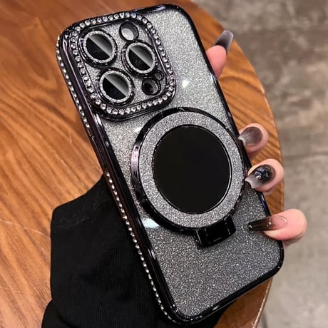 「V588」キラキラ iphone16/16pro ケース ミラー 付き iphone15/14 ケース クリア スタンド付き