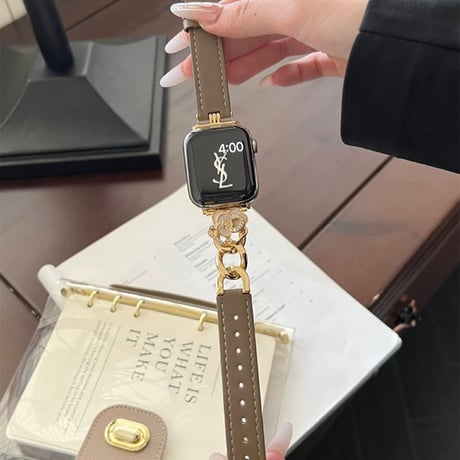 「V655」apple watchバンド 可愛い カメリア アップル ウォッチ バンド 女性 レザー＆チェーン