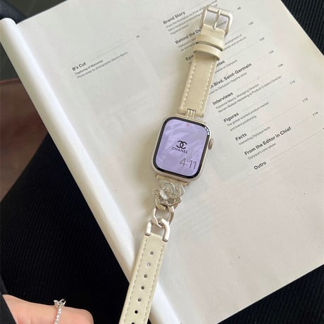 「V655」apple watchバンド 可愛い カメリア アップル ウォッチ バンド 女性 レザー＆チェーン