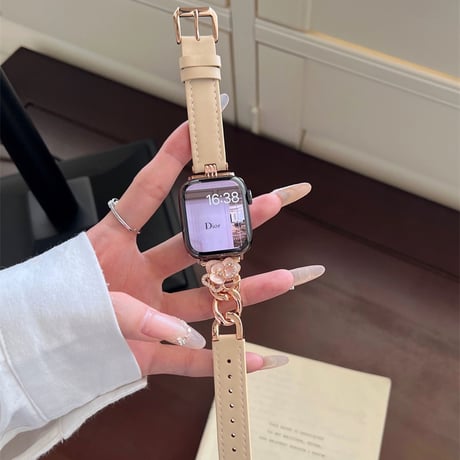 「V655」apple watchバンド 可愛い カメリア アップル ウォッチ バンド 女性 レザー＆チェーン