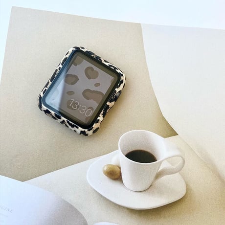 「V196」apple watch レザー バンド グレージュ ヒョウ柄ケース アップルウォッチバンド＋カバーset