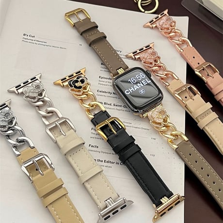 「V655」apple watchバンド 可愛い カメリア アップル ウォッチ バンド 女性 レザー＆チェーン