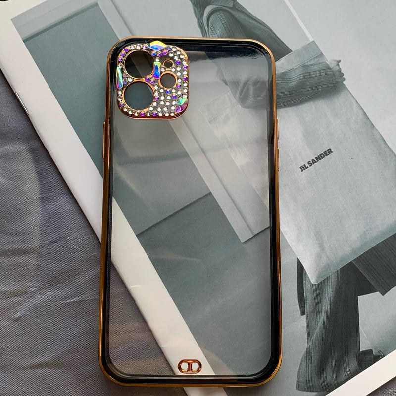 V153」iphone14proケース ストーンデコカメラレンズ iphone13/12ケ