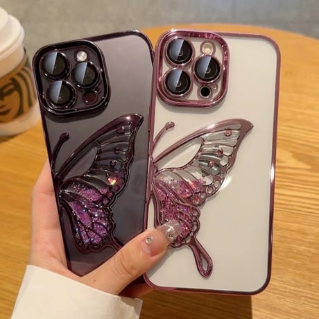 「V596」iphone17/17pro ケース 蝶々 クリア iphone16/15 ケース 可愛 キラキラシート付き