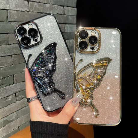 「V596」iphone17/17pro ケース 蝶々 クリア iphone16/15 ケース 可愛 キラキラシート付き