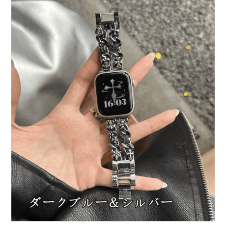 「V628」アップルウォッチバンド 2連チェーンxレザー apple watch バンド おしゃれ