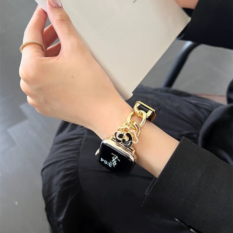 「V655」apple watchバンド 可愛い カメリア アップル ウォッチ バンド 女性 レザー＆チェーン
