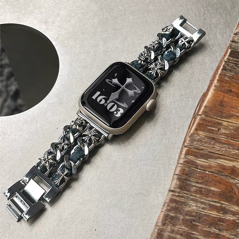 V628」アップルウォッチバンド 2連チェーンxレザー apple watch バンド