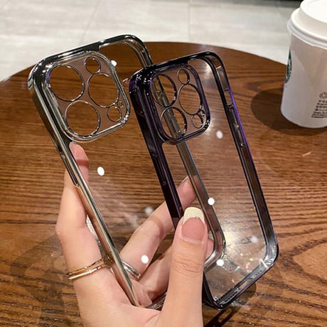 「V186」透明 iphone14 ガラスケース 黄ばまない おしゃれ iphone14pro/14promax ケース メタリック シルバー