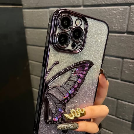 「V596」iphone17/17pro ケース 蝶々 クリア iphone16/15 ケース 可愛 キラキラシート付き