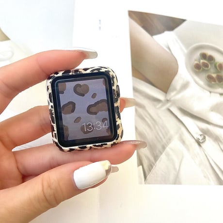 「V196」apple watch レザー バンド グレージュ ヒョウ柄ケース アップルウォッチバンド＋カバーset