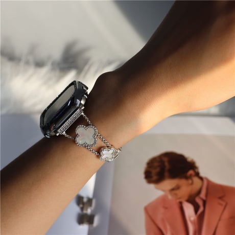 「V191」アップル ウォッチ バンド 女性 人気 四葉のクローバー かわいい apple watch プレスレット バンド+カバー2点セット