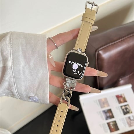 「V655」apple watchバンド 可愛い カメリア アップル ウォッチ バンド 女性 レザー＆チェーン