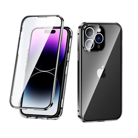「V197」iphone15/14pro フルカバーケース 全面保護 薄型 クリア iphone13/12ケース 両面ガラス 磁石吸着