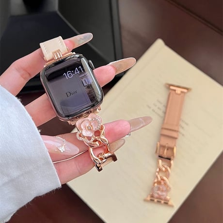 「V655」apple watchバンド 可愛い カメリア アップル ウォッチ バンド 女性 レザー＆チェーン