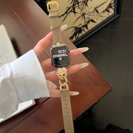 「V655」apple watchバンド 可愛い カメリア アップル ウォッチ バンド 女性 レザー＆チェーン