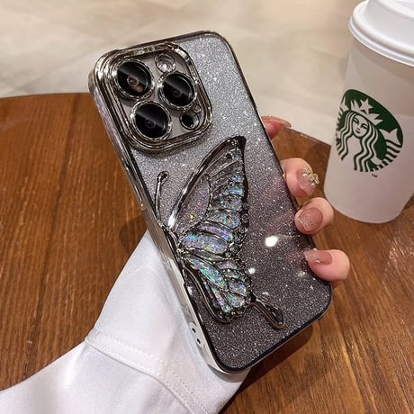「V596」iphone17/17pro ケース 蝶々 クリア iphone16/15 ケース 可愛 キラキラシート付き