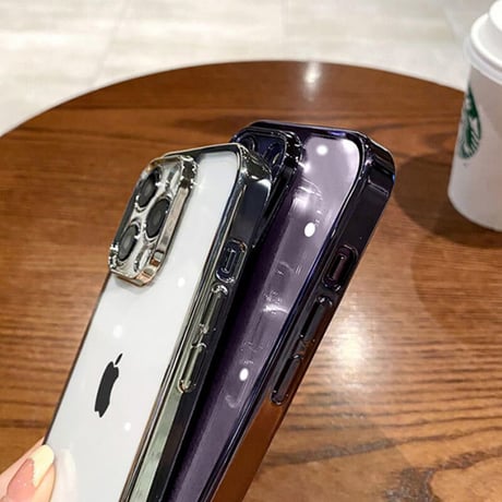 「V186」透明 iphone14 ガラスケース 黄ばまない おしゃれ iphone14pro/14promax ケース メタリック シルバー