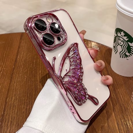 「V596」iphone17/17pro ケース 蝶々 クリア iphone16/15 ケース 可愛 キラキラシート付き