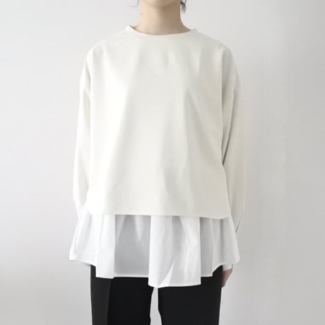 梨地ショート丈 裾フレア アンサンブル 長袖 プルオーバー（IVORY）