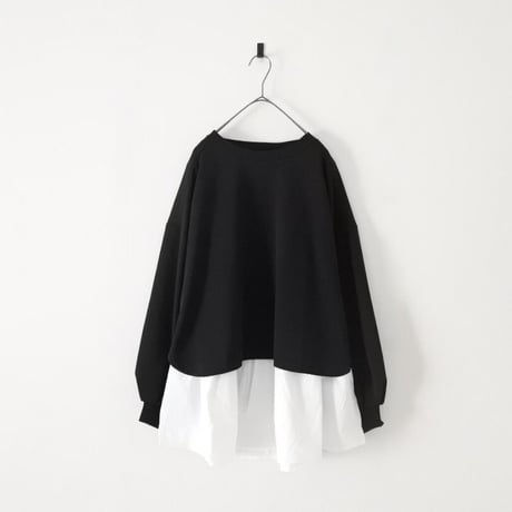 梨地ショート丈 裾フレア アンサンブル 長袖 プルオーバー（BLACK）